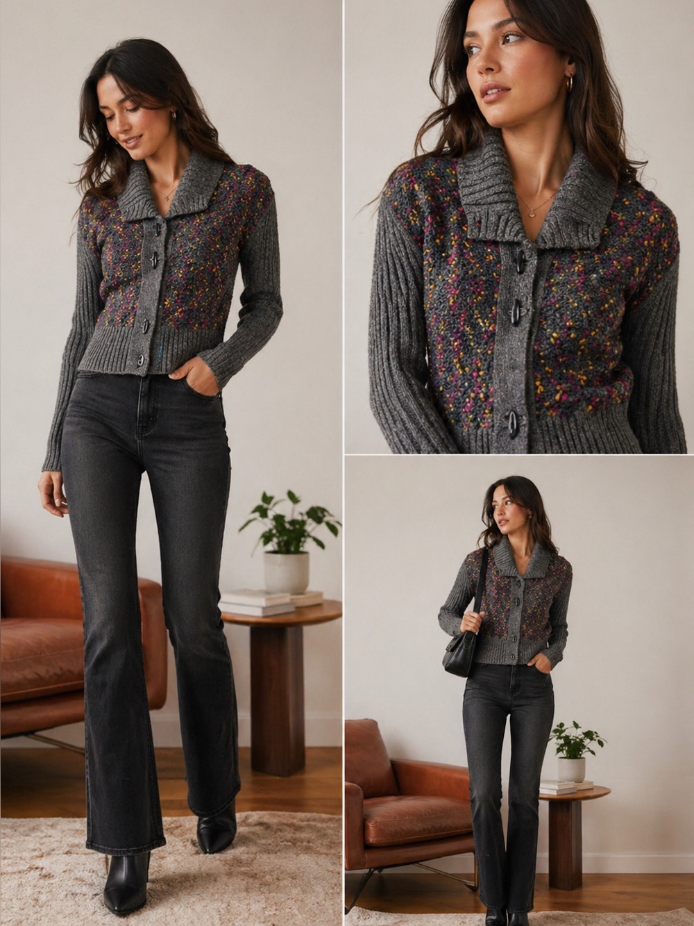Kersh Gray Multicolor Knit‎ Cardigan Sweater Toggle Button Cozy Cottagecore